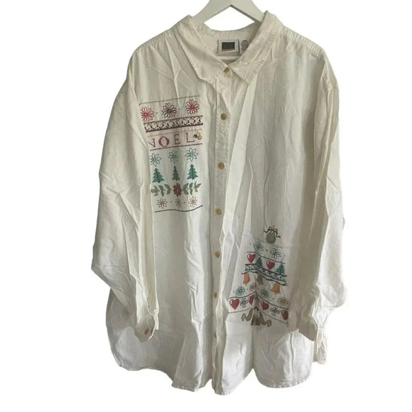 C.S.T. Sport Womens White Button Up Christmas Embroidered Shirt Size 32W Vintage - Picture 1 of 8